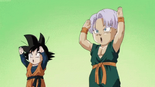 Goten and Trunks doing the fusion dance from Dragonball Z.