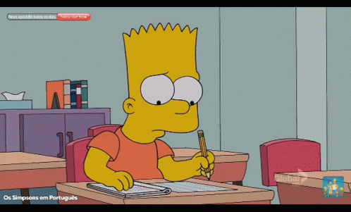 Bart Simpson, do desenho Os Simpsons está numa sala de aula respondendo uma prova com um lápis na mão, quando faz uma expressão de que errou. 