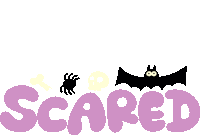 Scared White Skull And Black Bat And Spider Above Scared In Purple Bubble Letters Sticker - Scared White Skull And Black Bat And Spider Above Scared In Purple Bubble Letters Spooky Stickers