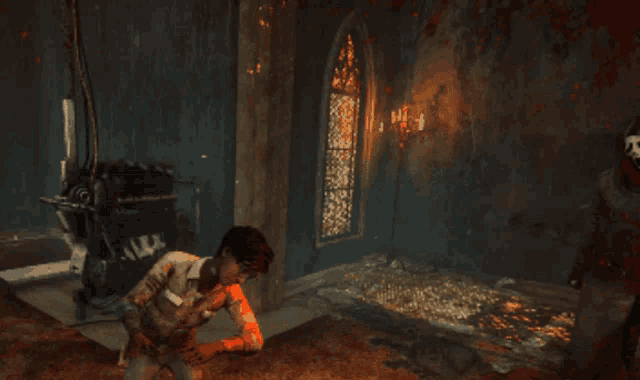An in-game GIF of a Ghostface killer nodding as he watches a survivor heal another survivor.