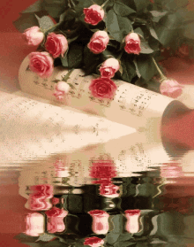 roses flowers musical notes reflection water