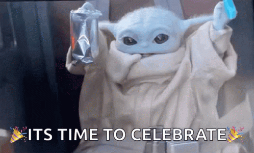 Oslavující Baby Yoda.