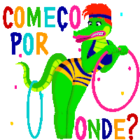 Confused Alligator With Two Hula Hoops Says Where Do I Start In Portuguese Sticker - Hula Hooping Through Life Comeco Por Onde Google Stickers