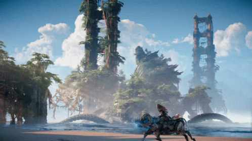 Horizon Forbidden West Aloy rides a horse along the sea