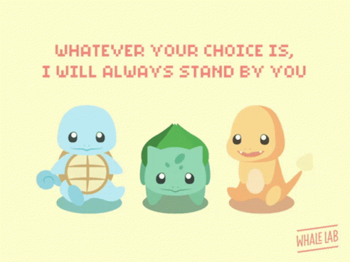 Image of choosing one of the three starter pokemon - Squirtle, Bulbasaur or Charmander