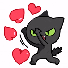 black cat green eyes hearts red