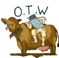 Man Trying To Ride A Cow Says Otw In English Sticker - Cow Eating Bored Stickers