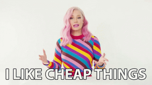 Woman in striped sweater gesturing with text 'I LIKE CHEAP THINGS'