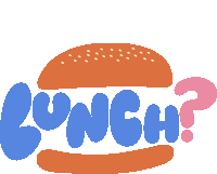 Lunch Pink Question Mark Next To Lunch In Blue Bubble Letters Between Brown Bun Sticker - Lunch Pink Question Mark Next To Lunch In Blue Bubble Letters Between Brown Bun Lets Eat Stickers