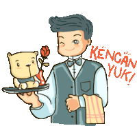 Waiter Bringing Gifts Says Kencan Yuk In Indonesian Sticker - Wink Rose Teddy Bear Stickers