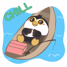 cute penguin chill on a boat fishing