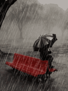 rain sad umbrella raining hard red bench