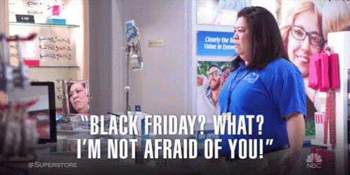 Character in "Superstore" psyching up for Black Friday