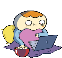 Sherman Eats Popcorn And Watches Laptop In Bed Sticker - Shermans Night In Binge Watching Movie Time Stickers