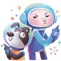Astronaut And Dog Astronaut Pointing Guns With Hands. Sticker - Alex And Cosmo Dog Cute Stickers