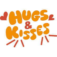 hugs and kisses red hearts around hugs and kisses in yellow and red bubble letters xoxo much love love you