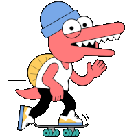 Pink Dinosaur Rides Skateboard And Waves Sticker - Skater Dinos Big Eyes Sharp Teeth Stickers