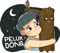 Sad Boy Hugging Tree Says Peluk Dong In Indonesian Sticker - Hugging Crying Scared Stickers