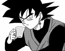 black goku shocked looking around drinking coffee drawing