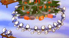 the smurfs christmas tree dance around merry xmas holiday gifts