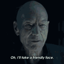 oh ill take a friendly face hugh jean luc picard star trek picard you can come with me