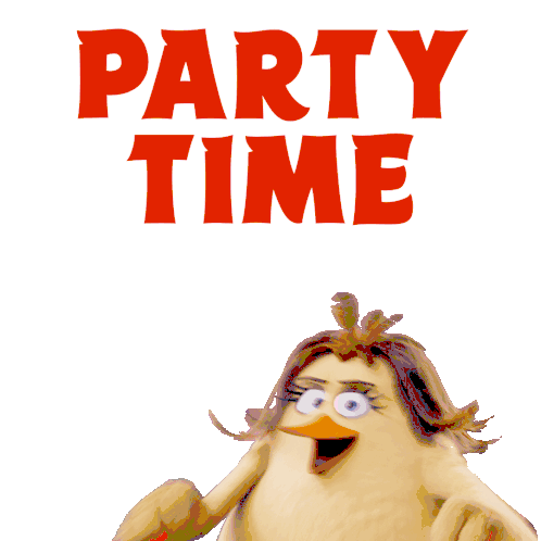 Pohyblivá animace s tancujícím ptáčkem s parukou a nápisem Party time.
