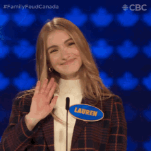 Waving Hand Lauren GIF - Waving Hand Lauren Family Feud Canada GIFs