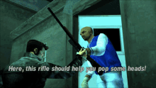 Gtagif Gta One Liners GIF - Gtagif Gta One Liners Here This Rifle Should Help You Pop Some Heads GIFs