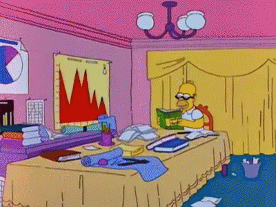 Animated character reading a book at a desk with a chaotic graph in the background