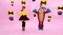 happy mascots cupcakes ribbons dancing