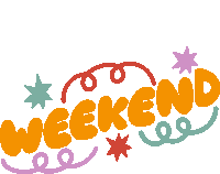 Weekend Weekend In Yellow Bubble Letters With Red Purple And Green Springs And Stars Around Sticker - Weekend Weekend In Yellow Bubble Letters With Red Purple And Green Springs And Stars Around No Work Stickers