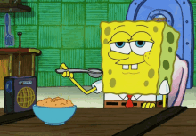 spongebob squarepants eating food bowl of cereal chewing spoon