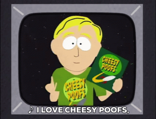Animated character holding a snack with text 'I love cheesy poofs'