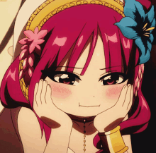 girl redhead anime blush thinking