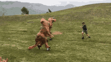 dinosaur chasing chase man running