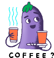 Eggplant Holding A Cup And Offering A Cup Of Coffee Sticker - Peachieand Eggie Google Coffee Stickers