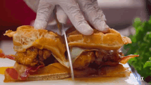 Cutting Waffle Burger Fresh Fried Crispy GIF - Cutting Waffle Burger Fresh Fried Crispy Split The Food GIFs