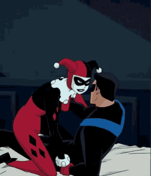 Harley Quinn,Night Wing,tickle,ticklish,busted,bed,animated,tas,laughing,gi...