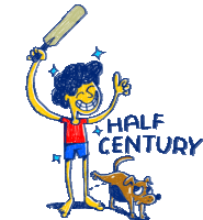 Boy Celebrates Half Century While Dog Pees Sticker - Gully Cricket Half Century Paddle Stickers