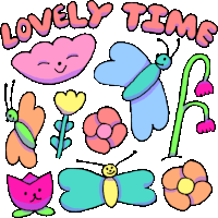 Butterflies And Flowers Say "Lovely Time" In English. Sticker - Wiggly Squiggly Cuties Lovely Time Flowers Stickers