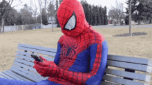 spiderman texting park bench
