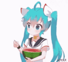 hatsune miku eating water melon anime
