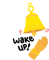 Ringing Bell With Caption Wake Up In English Sticker - Good Morning Wake Up Ring A Bell Stickers