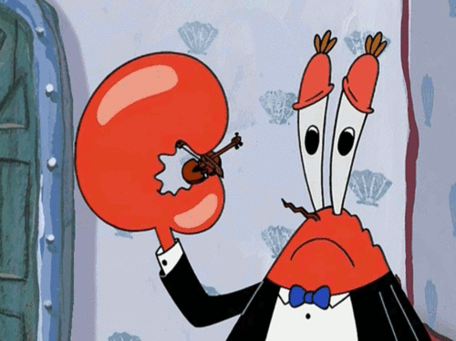 GIF of Mr Krabs playing the Smallest Violin