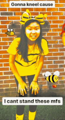 bee costume girl kneeling cant stand bees