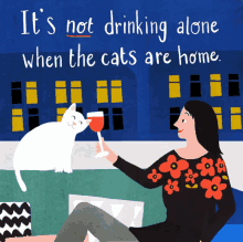 crazy cat lady agnes loonstra illustration cat drinking alone