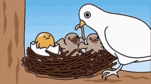 なぜか鳥の巣にいるぐでたまが母鳥からの餌付けを拒否する GIF - Gudetama GIFs
