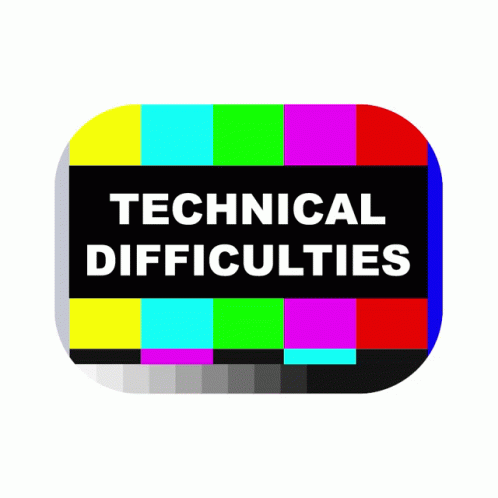 The words technical difficulties appear in white on a black box over the yellow, cyan, green, magenta, red, and violet color bars which used to be seen at the very end of tapes or when live broadcasts experienced technical difficulties. 